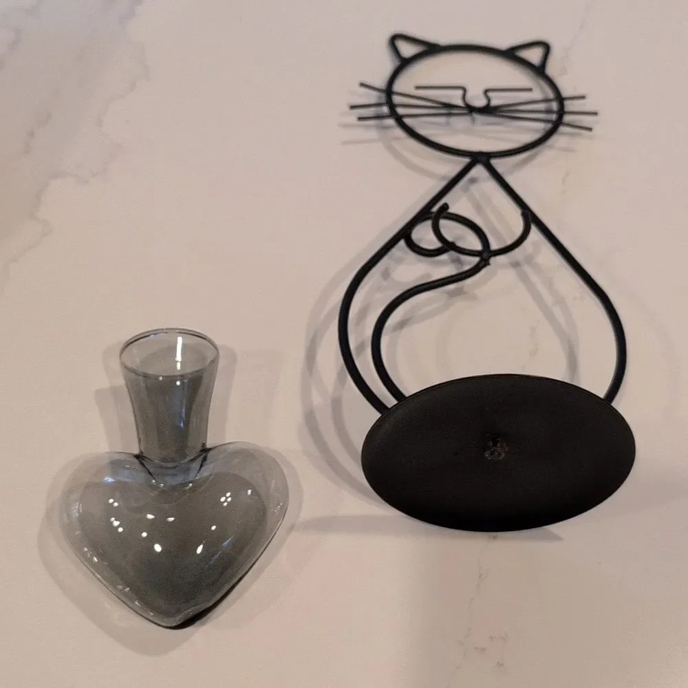 Black Wire Cat Hydroponic Desktop Smoky Glass Flower Vase Holder